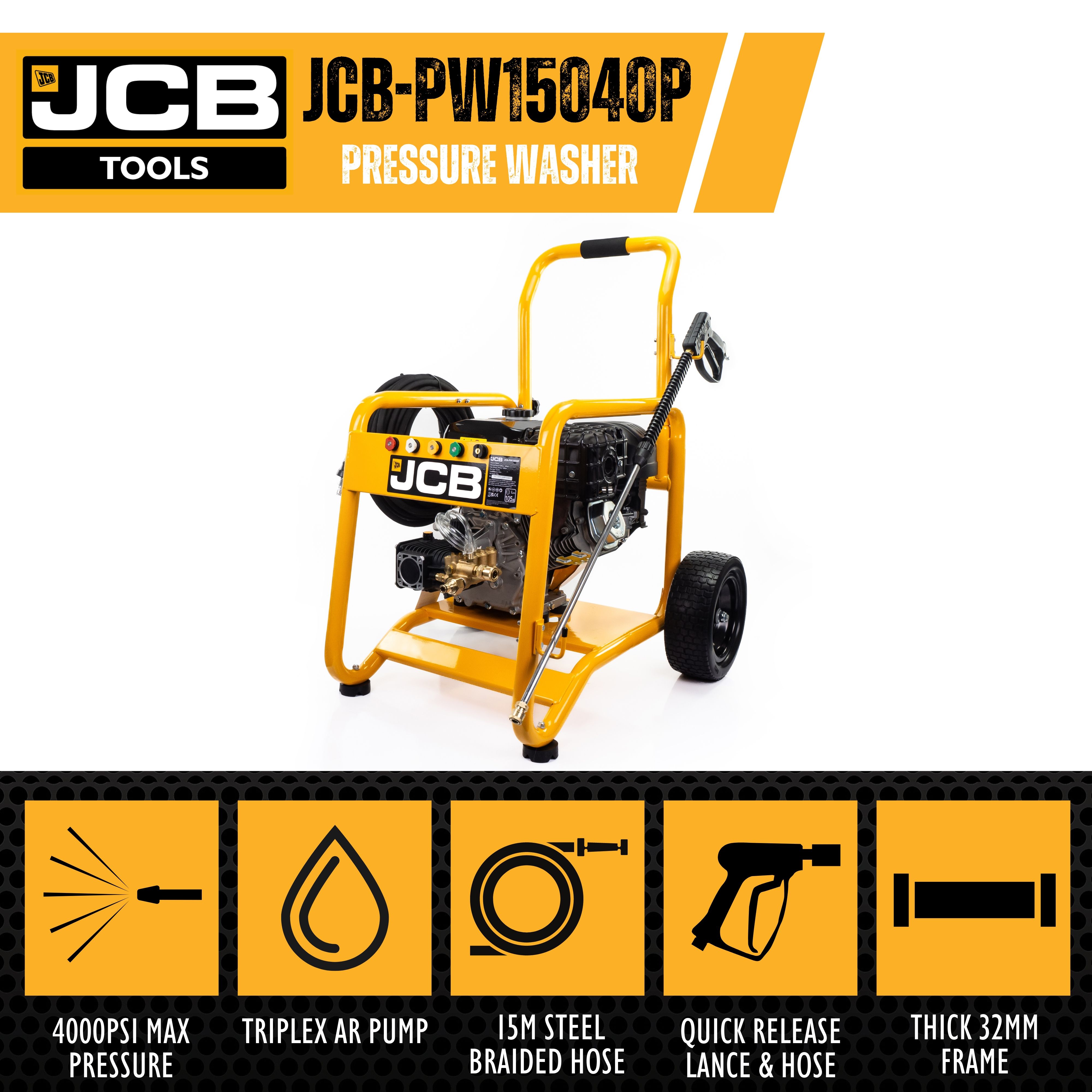 JCB PETROL PRESSURE WASHER 4000PSI / 276BAR, 15HP JCB ENGINE, TRIPLEX AR PUMP, 15L/MIN FLOW RATE | JCB-PW15040P